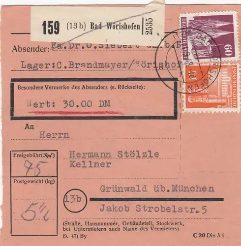 BiZone Carte de paquet 1948: Bad Wörishofen n. Grünwald, serveur, valeur 30 FF