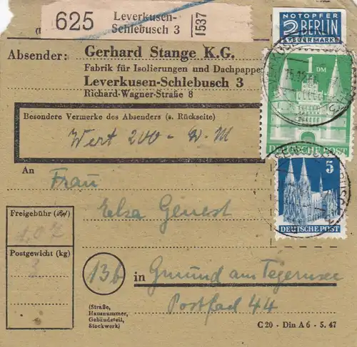 BiZone Paketkarte 1948: Leverkusen, Stange K.G. nach Gmund, Notopfer