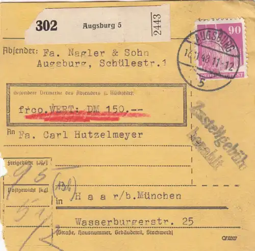BiZone Paketkarte 1948: Augsburg, Nagler & Sohn nach Haar, Wertkarte