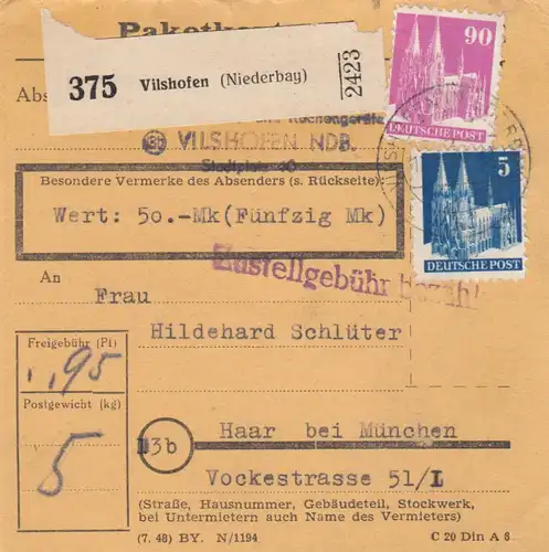 BiZone Paketkarte 1948: Vilshofen nach Haar, Wertkarte