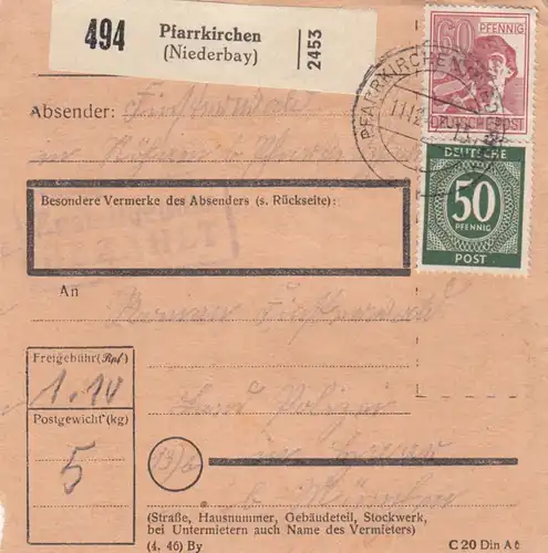 Paketkarte 1947: Pfarrkirchen nach Haar