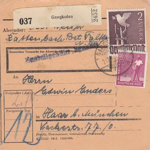 Paketkarte 1947: Katterbach Gangkofen nach Haar, Nachgebühr