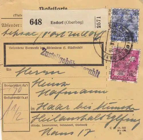 BiZone Paketkarte 1948: Endorf nach Haar, Heilanstalt Eglfing