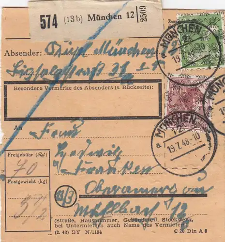 BiZone Paketkarte 1948: München nach Oberammergau