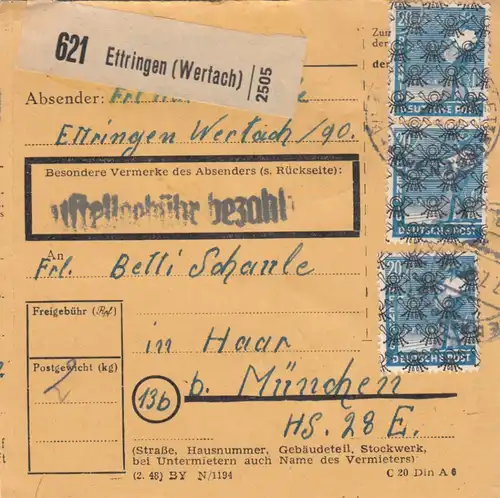 Carte de paquet BiZone 1947: Ettringen Wertach après Haar Munich