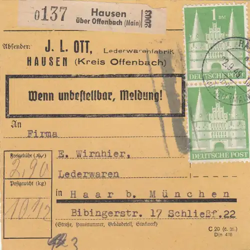 BiZone Paketkarte 1948: Hausen über Offenbach nach Haar, Selbstbucher, Lederw.