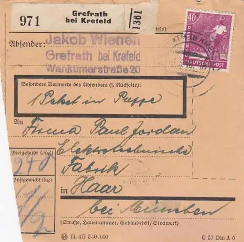 Paketkarte 1948: Grefrath bei Krefeld nach Haar, 1 Paket in Pappe