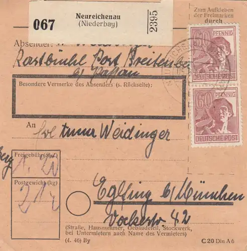 Carte de paquet 1948: Neuigenau Breitenbach vers Eglfing