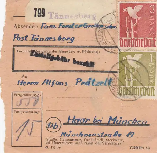 Paketkarte 1948: Tännersberg nach Haar bei München