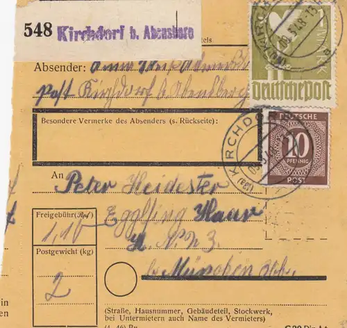 Paketkarte 1948: Kirchdorf Abensberg nach Eglfing Haar