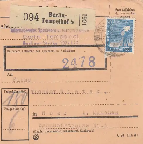 Paketkarte 1948: Berlin, Int. Spedition n. Haar, bes. Verm. 2478