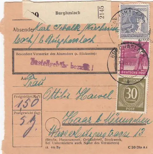 Carte de paquet 1947: Burghaslach par Haar b. Munich