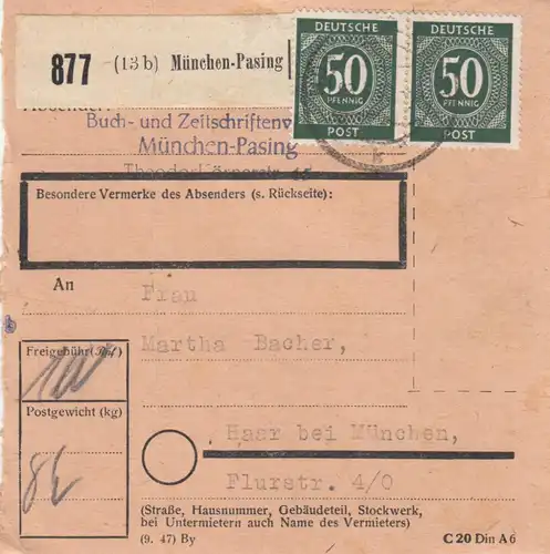 Paketkarte 1948: Zeitschriftenverlag München-Pasing nach Haar