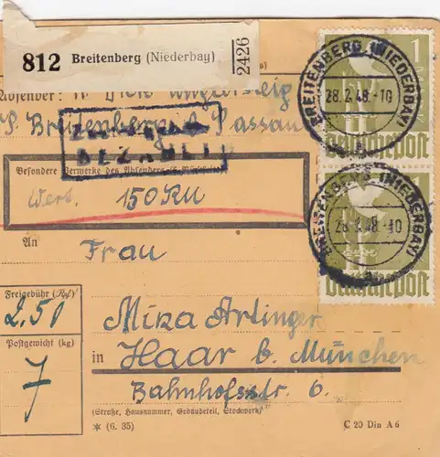 Paketkarte 1948: Breitenberg nach Haar, Wertkarte 150 RM