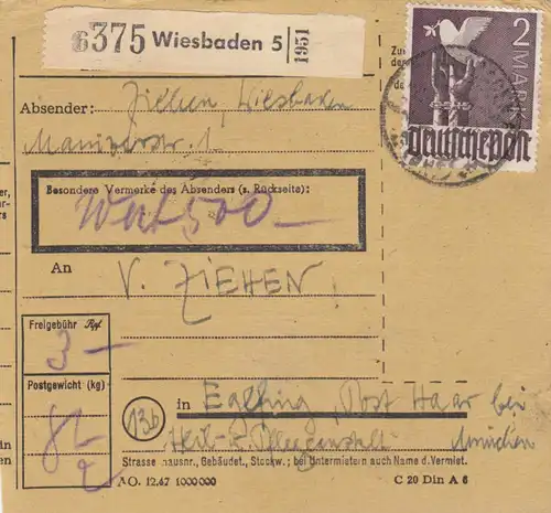 Paketkarte 1948: Wiesbaden nach Eglfing, Anstalt, Wertkarte