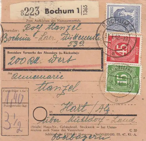 Paketkarte 1948: Bochum nach Hart Mühldorf, Wertkarte