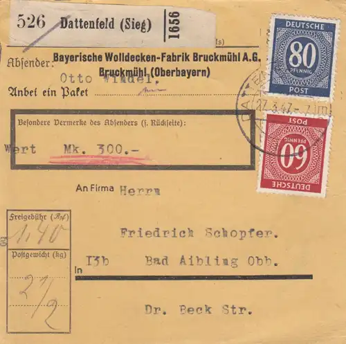 Paketkarte 1947: Dattenfeld, Wolldecken, nach Bad Aibling, Wertkarte