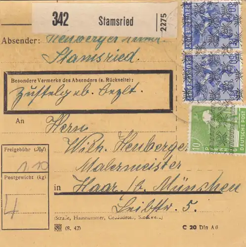 BiZone Paketkarte 1948: Stamsried nach Haar, Malermeister