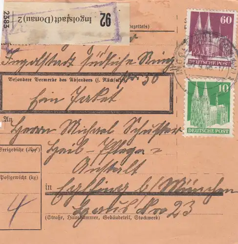 BiZone Paketkarte 1948: Ingolstadt nach Heilanstalt Eglfing