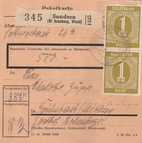 Paketkarte 1947: Sundern nach Feilnbach, Gasthof, Wertkarte