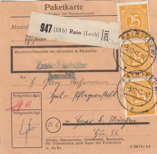 Paketkarte 1947: Rain Lech nach Haar, Pflegeanstalt