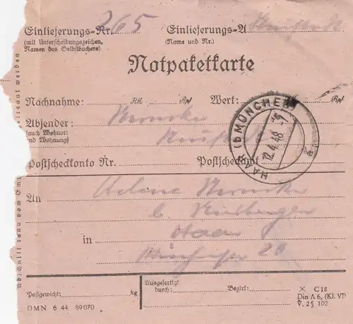 Paketkarte 1948: Notpaketkarte nach Haar München