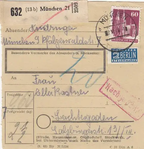 BiZone Paketkarte 1948: München 9 nach Berchtesgaden, Nachgebühr