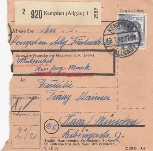 Paketkarte 1948: Kempten Allgäu nach Haar, Wertkarte