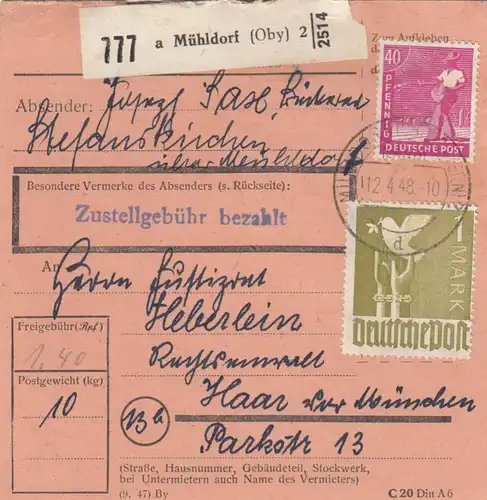 Carte de paquet 1948: Stefanskirchen Mühldorf a Haar