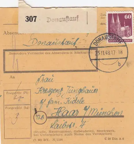 BiZone Paketkarte 1948: Donaustauf nach Haar b. München