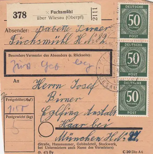 Paketkarte 1948: Fuchsmühl nach Anstalt Eglfing