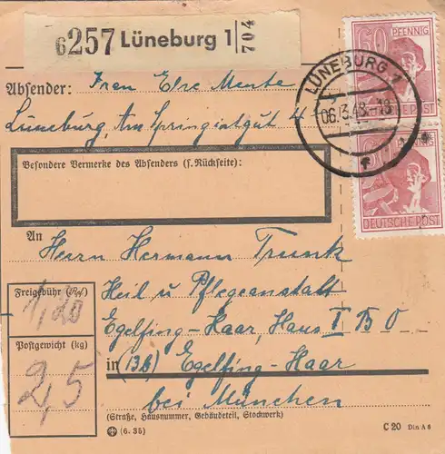 Paketkarte 1948: Lüneburg nach Eglfing-Haar, Pflegeanstalt