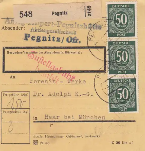 Paketkarte 1948: Pegnitzhütte AG in Pegnitz nach Haar