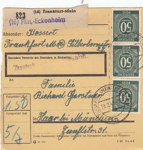 Paketkarte 1948: Frankfurt Eckenheim nach Haar