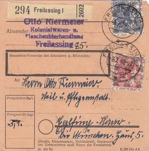 BiZone Paketkarte 1948: Freilassing, Flaschenbierhandel nach Eglfing