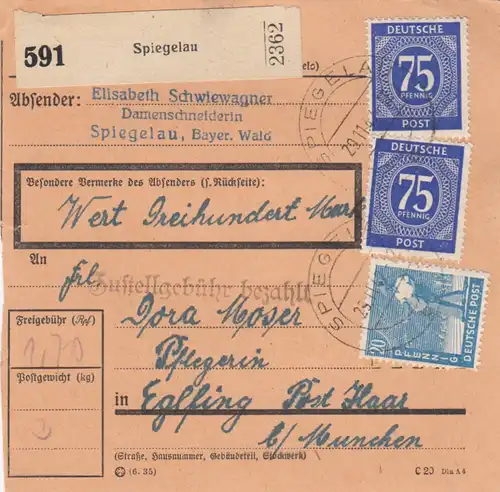 Paketkarte 1947: Spiegelau nach Eglfing, Pflegerin, Wertkarte