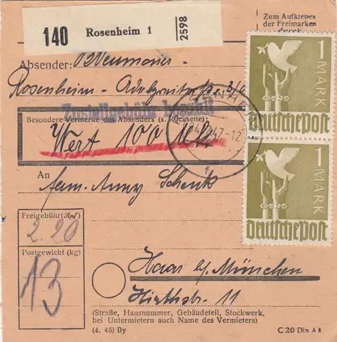 Paketkarte 1947: Rosenheim nach Haar, Wertkarte