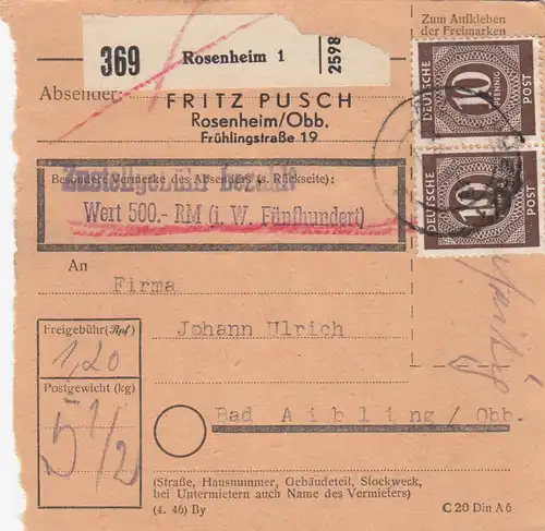 Paketkarte 1947: Rosenheim nach Bad Aibling, Selbstbucher, Wertkarte