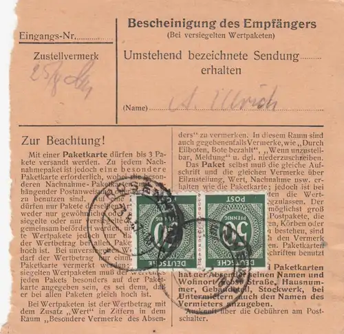 Paketkarte 1947: Rosenheim nach Bad Aibling, Selbstbucher, Wertkarte