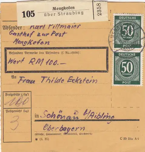 Paketkarte 1946: Mengkofen Gasthaus zur Post nach Schönau, Wertkarte