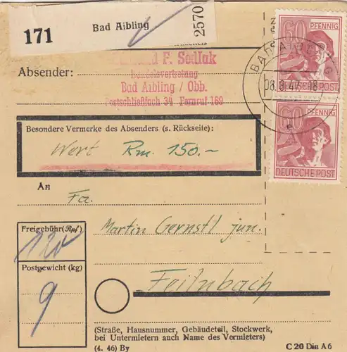 Carte de paquet 1947: Bad Aibling vers Feilnbach, carte de valeur