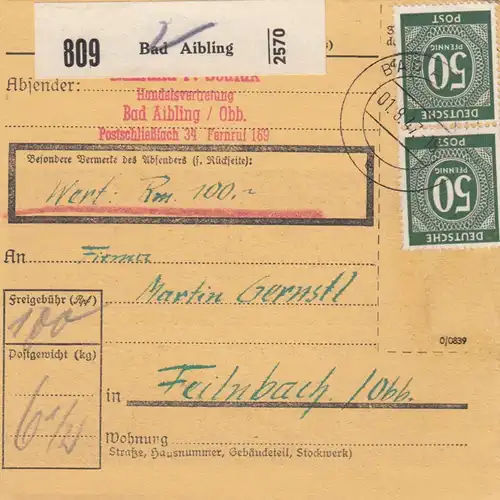 Paketkarte 1947: Bad Aibling, Handelsvertretung nach Feilnbach, Wertkarte