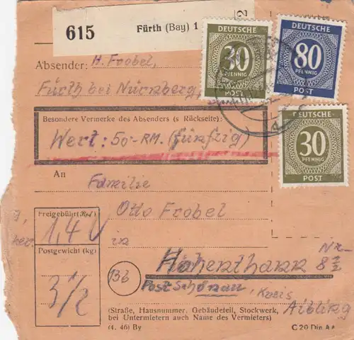 Paketkarte: Fürth nach Hohenthann, Wertkarte