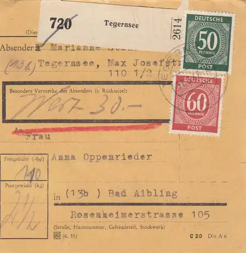 Paketkarte 1947: Tegernsee nach Bad Aibling, Wertkarte