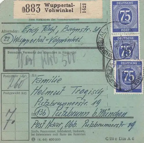 Paketkarte 1948: Wuppertal-Vohwinkel n. Putzbrunn, Wertkarte, bes. Form.