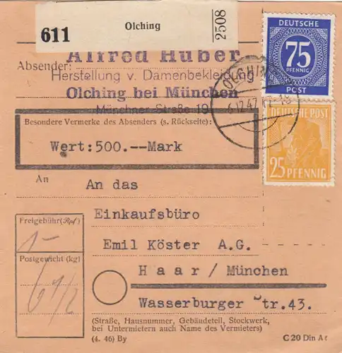 Paketkarte 1947: Olching, Damenbekleidung nach Haar, Wertkarte