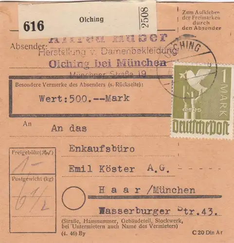 Paketkarte 1947: Olching nach Haar, Einkaufsbüro, Wertkarte