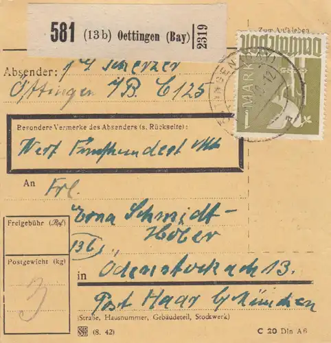 Paketkarte 1948: Oettingen nach Haar, Wertkarte