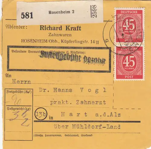 Paketkarte 1948: Rosenheim, Zahnwaren nach Hart a.d. Alz, Selbstbucher