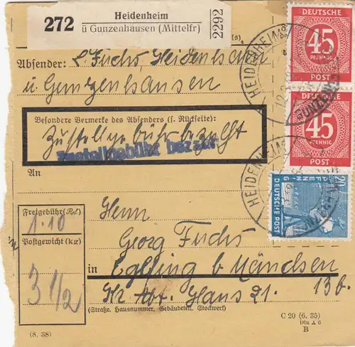 Paketkarte 1948: Gunzenhausen nach Eglfing b.München